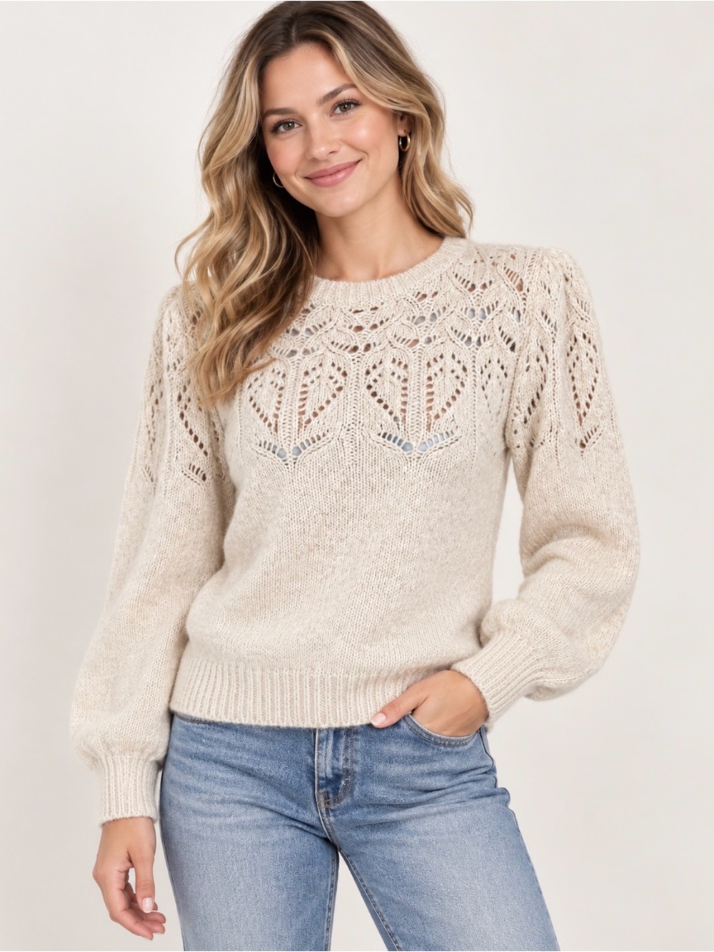 J.Crew Factory Cream Openwork Yoke Crewneck Sweater Size Large Alpaca Blend